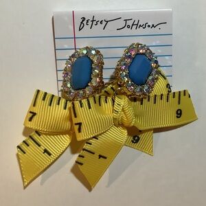 Betsey Johnson Ruler Bow Rhinestone Earrings New